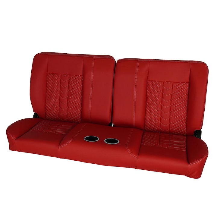 1970-1972 Monte Carlo Front Bench Seat, Red Vinyl Narrow Black Inserts White Stitch, With Cup Holders