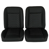 1964-1977 Chevelle Front Bucket Seat, Black Vinyl Wide Black Inserts Black Stitch Image