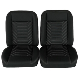 1964-1977 Chevelle Front Bucket Seat, Black Vinyl Wide Black Inserts White Stitch Image