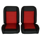 1964-1977 Chevelle Front Bucket Seat, Black Vinyl Wide Red Inserts Black Stitch Image