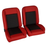 1964-1977 Chevelle Front Bucket Seat, Red Vinyl Wide Black Inserts Red Stitch Image