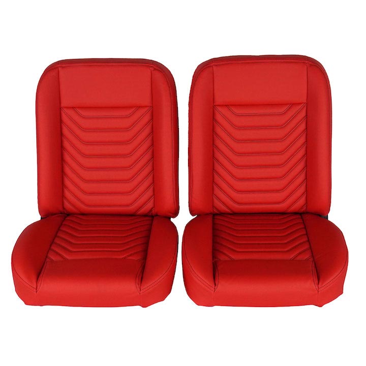 1964-1977 Chevelle Front Bucket Seat, Red Vinyl Wide Red Inserts Black Stitch: RM-UA22X1