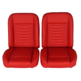 1964-1977 Chevelle Front Bucket Seat, Red Vinyl Wide Red Inserts Black Stitch Image