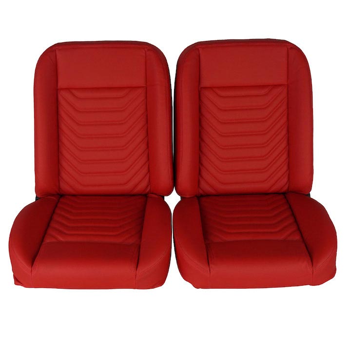 1964-1977 Chevelle Front Bucket Seat, Red Vinyl Wide Red Inserts Red Stitch