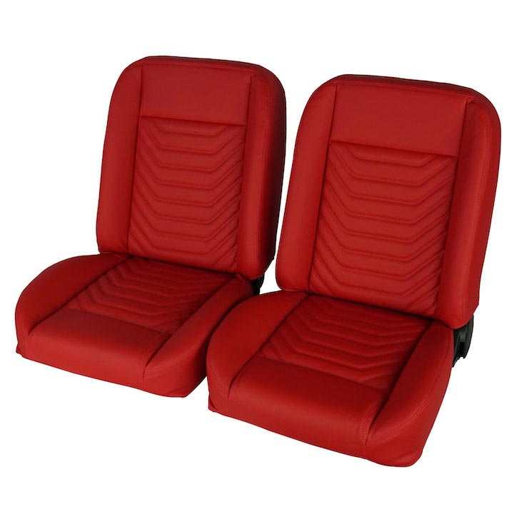 1964-1977 Chevelle Front Bucket Seat, Red Vinyl Wide Red Inserts Red Stitch