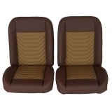 1964-1977 Chevelle Front Bucket Seat, Brown Vinyl Wide Camel & Beige Inserts Brown Stitch Image