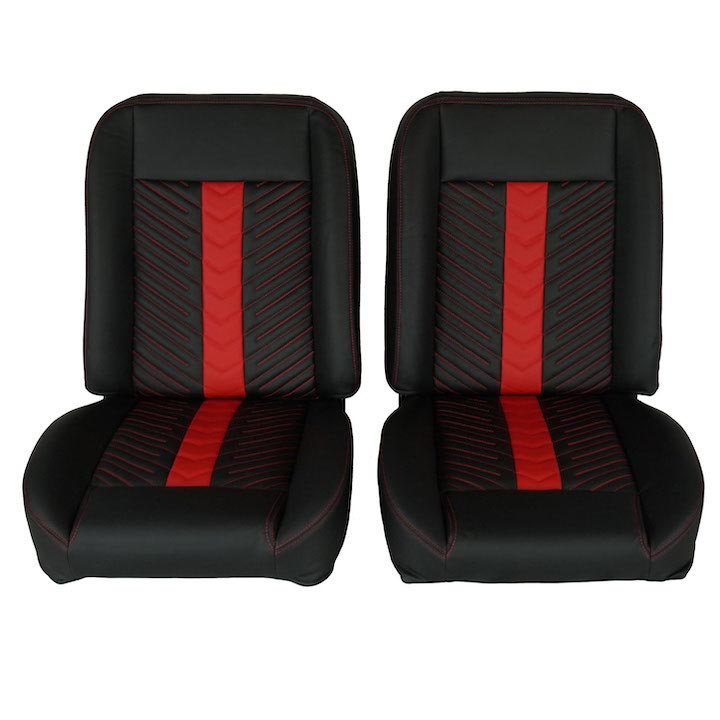 1970-1988 Monte Carlo Front Bucket Seat, Black Vinyl Narrow Black & Red Inserts Red Stitch