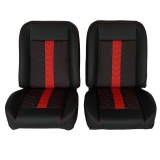 1964-1977 Chevelle Front Bucket Seat, Black Vinyl Narrow Black & Red Inserts Red Stitch Image