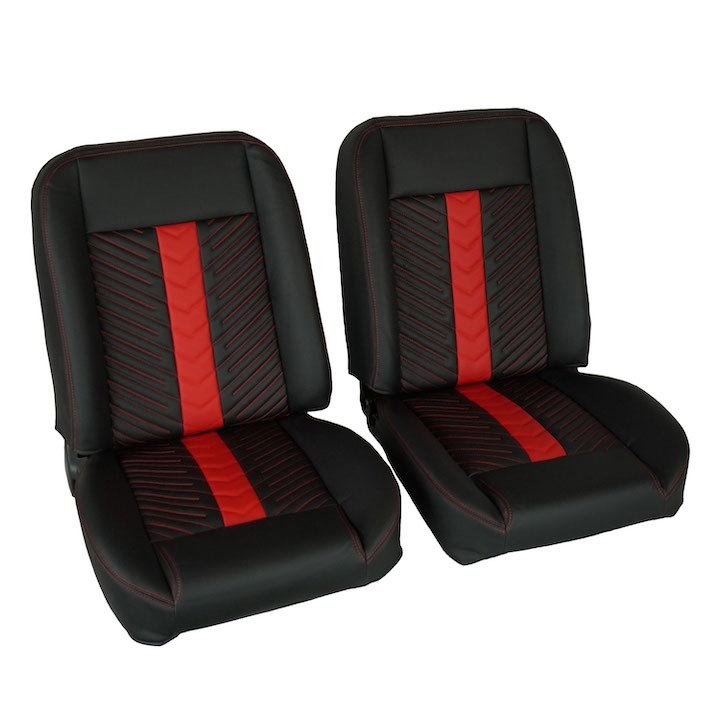 1967-1981 Camaro Front Bucket Seat, Black Vinyl Narrow Black & Red Inserts Red Stitch