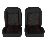 1967-1981 Camaro Front Bucket Seat, Black Vinyl Narrow Black Inserts Red Stitch Image