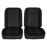 1967-1981 Camaro Front Bucket Seat, Black Vinyl Narrow Black Inserts White Stitch Image