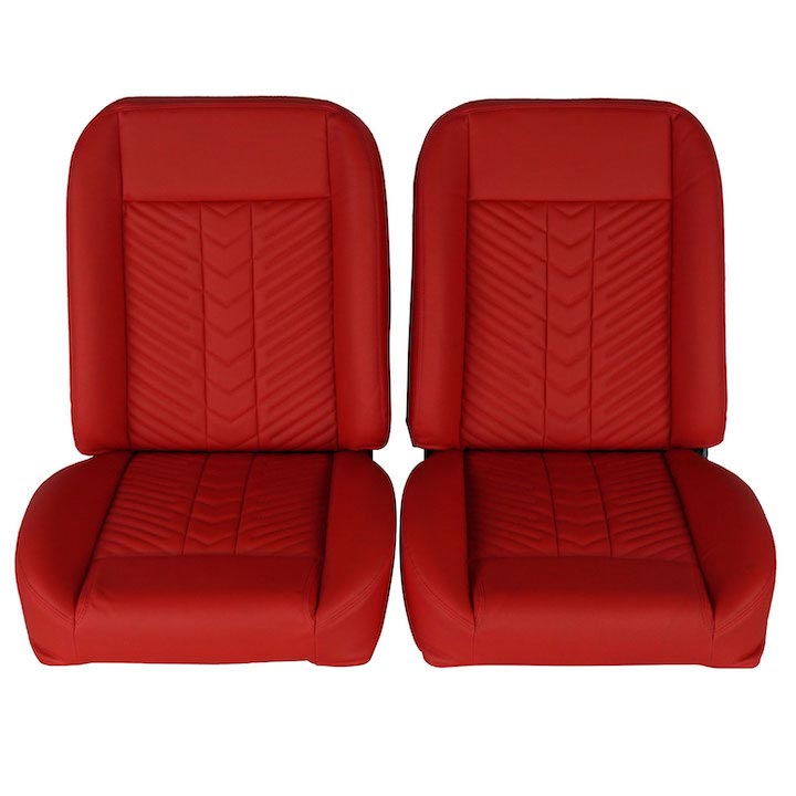 1967-1981 Camaro Front Bucket Seat, Red Vinyl Narrow Red Inserts Red Stitch