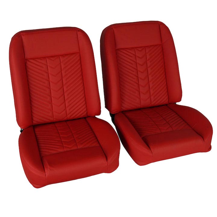 1967-1981 Camaro Front Bucket Seat, Red Vinyl Narrow Red Inserts Red Stitch
