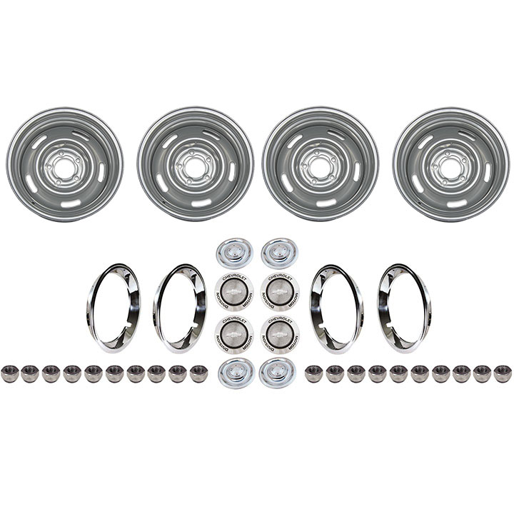 1964-1977 Chevelle Rally Wheel Kit 15 X 7 Kit With Chevrolet Motor Division Flat Caps