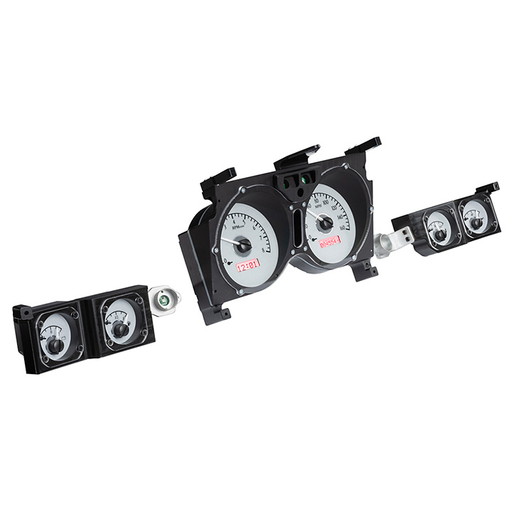 1973-1977 Chevelle Dakota Digital VHX Gauges Silver Alloy Face, Red Lighting With Round OE Gauges